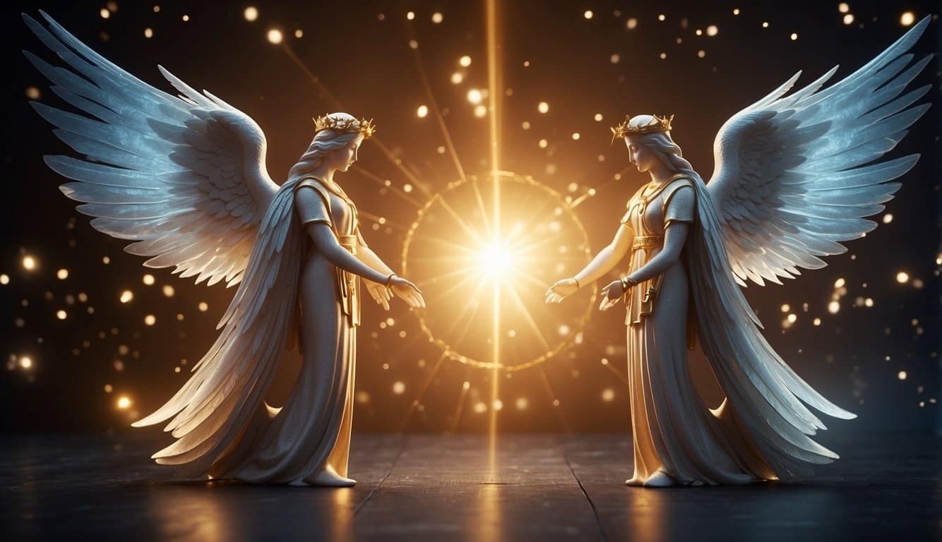 Two angelic figures stand facing each other, surrounded by the glow of the number 1111. A sense of divine connection and powerful manifestation emanates from the scene