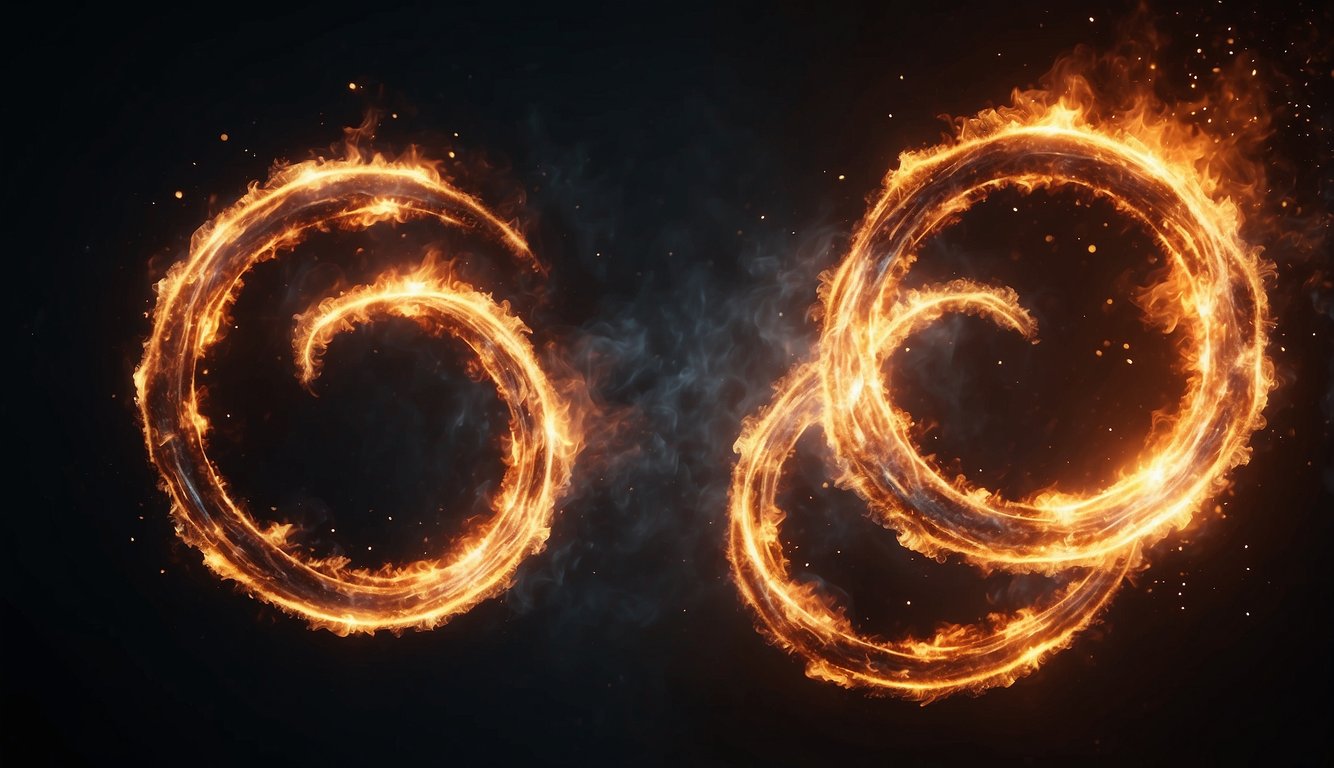 Two flames merging in a burst of light, surrounded by the number 5555 and glowing with energy