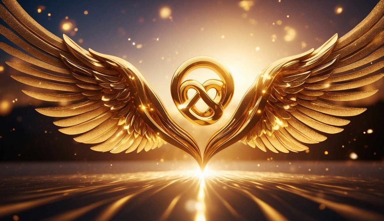 Two infinity symbols intertwined, radiating golden light, surrounded by angelic wings and ethereal energy. The numbers 0000 and 11:11 appear in the background, symbolizing the twin-flame reunion and their powerful messages