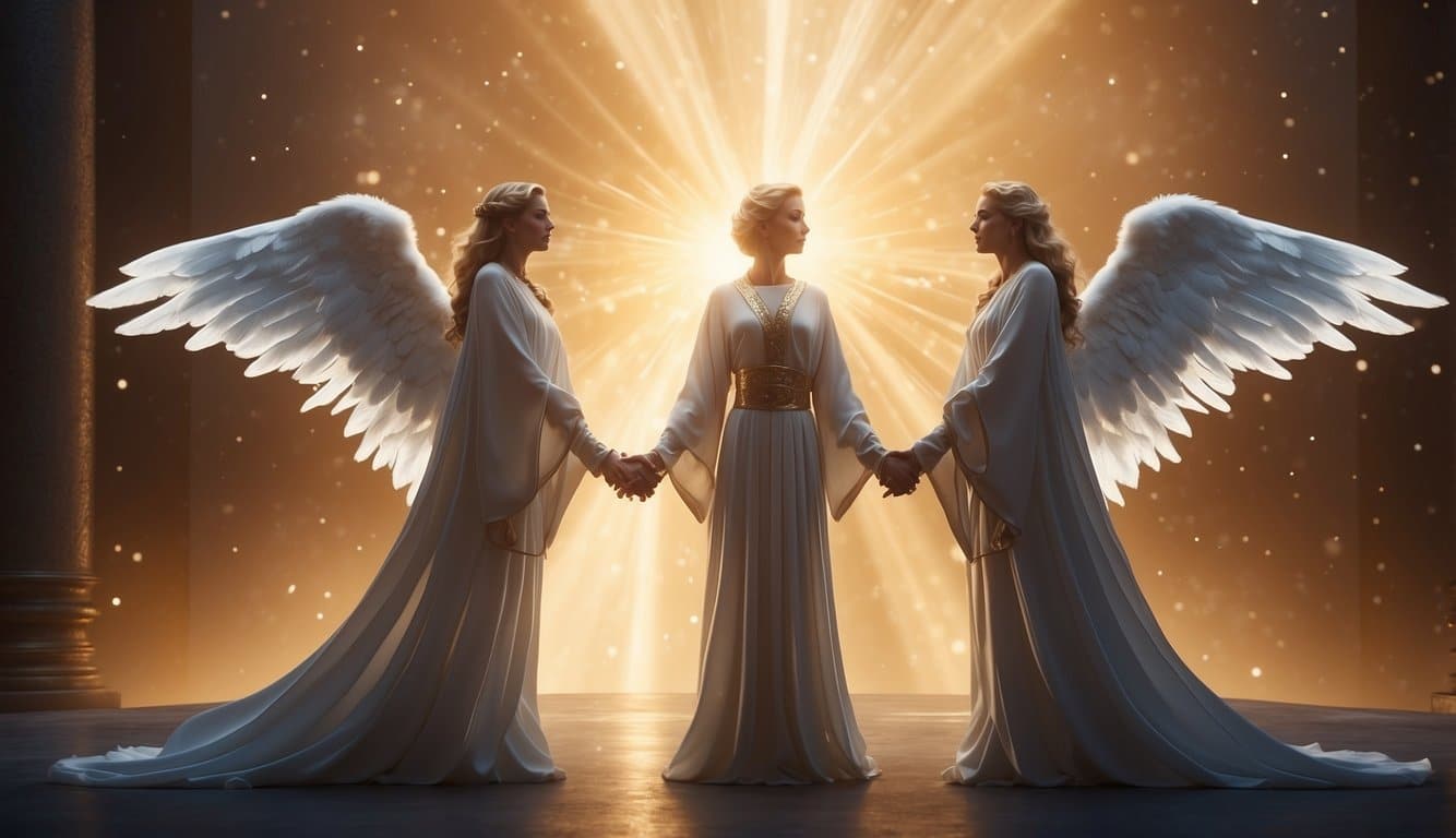 Two angelic figures stand facing each other, surrounded by a glowing aura. The numbers 1212 float above them, radiating a sense of divine guidance and transition