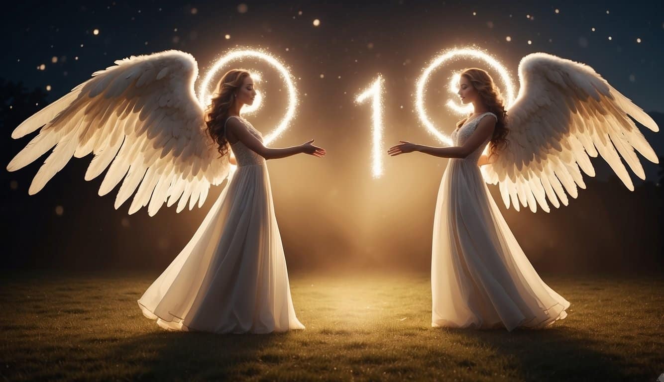 Two powerful angel numbers, 15 and 1, surrounded by celestial light, merging together in a harmonious dance, emitting energy of change and spiritual growth
