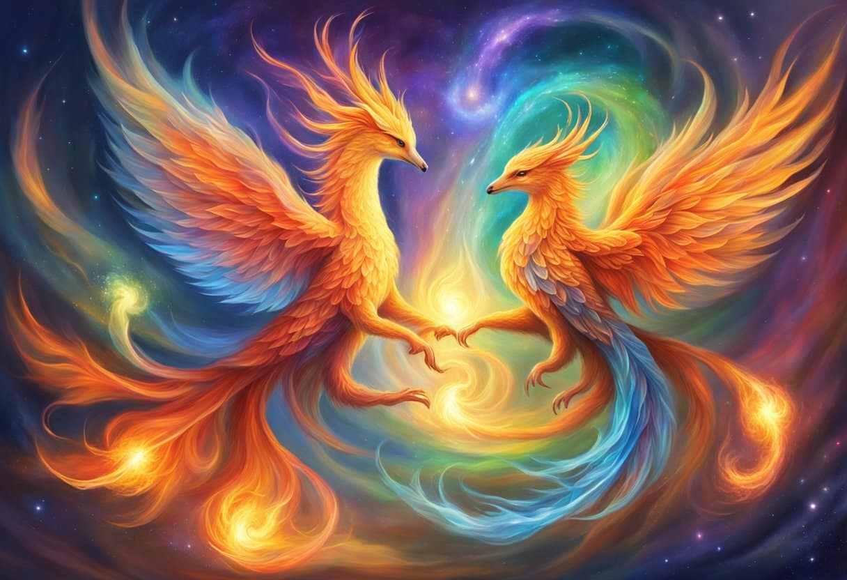 Two intertwined flames flicker with vibrant colors, emitting a radiant glow that illuminates the surrounding space