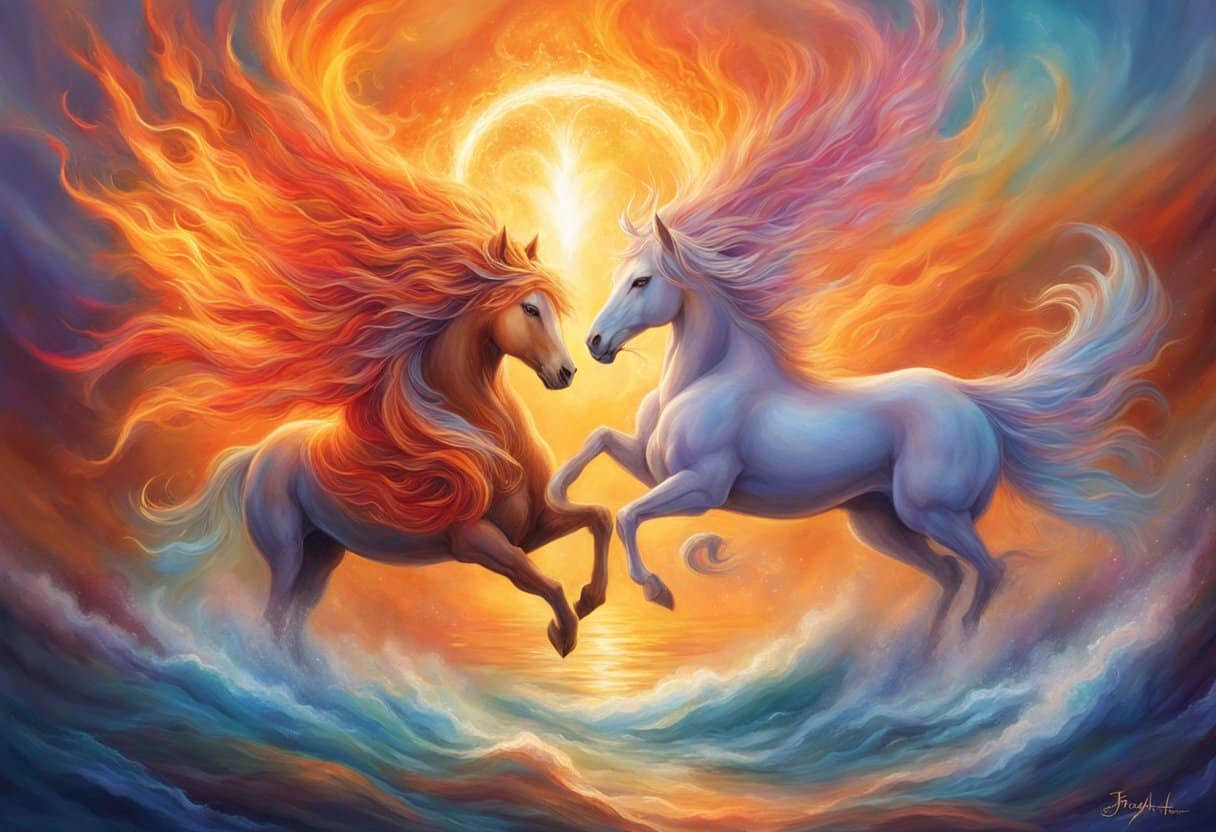 Two vibrant flames emanate intense energy, resonating with powerful physical and energetic connection
