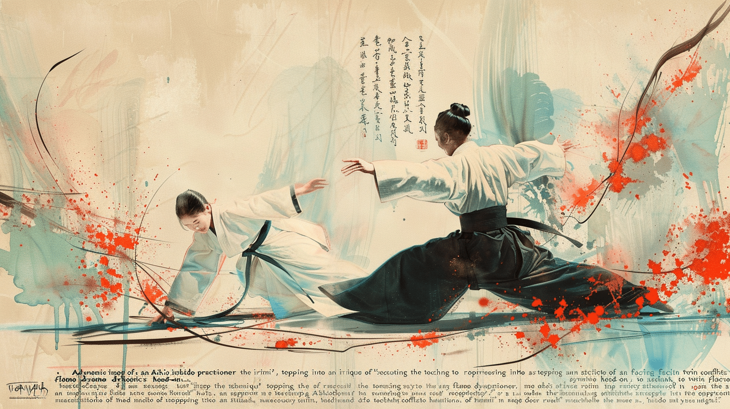 A dynamic image of an Aikido practitioner executing the technique of 'irimi', stepping into an attack, to represent facing conflicts head-on in twin flame dynamics
