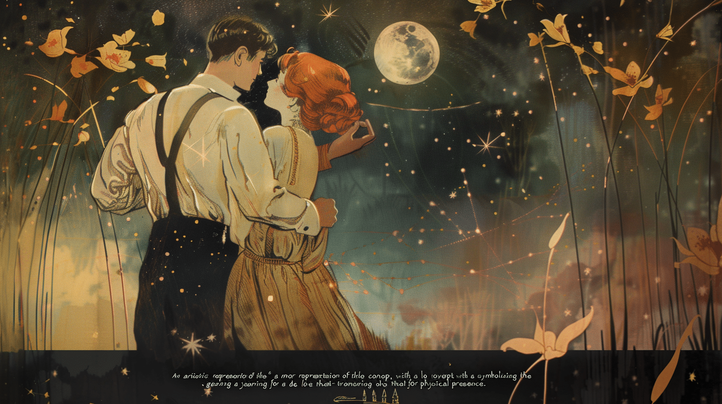 An artistic representation of the 'amor de lonh' concept, with a lover gazing at a distant star, symbolizing the yearning for a love that transcends physical presence