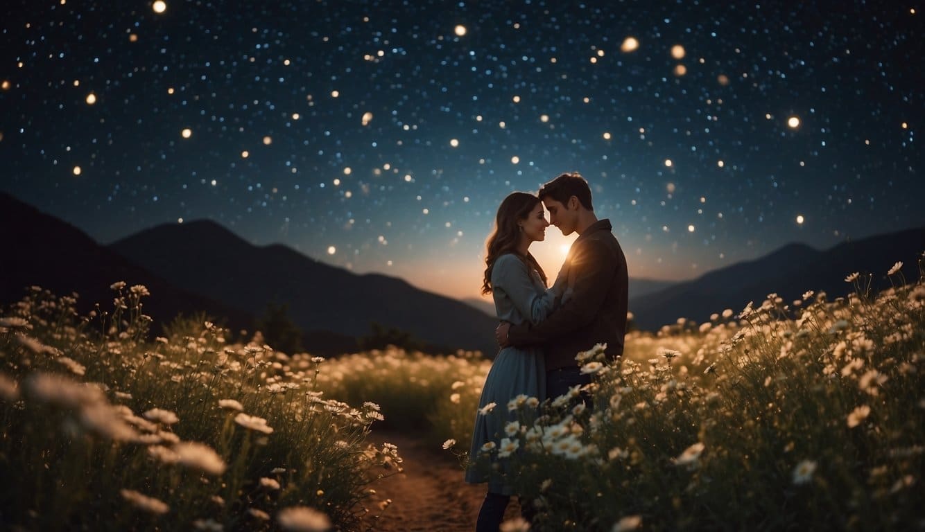 A young couple embraces under a starry night sky, surrounded by blooming flowers and a warm, glowing light. Their love is evident in their tender gaze and gentle touch
