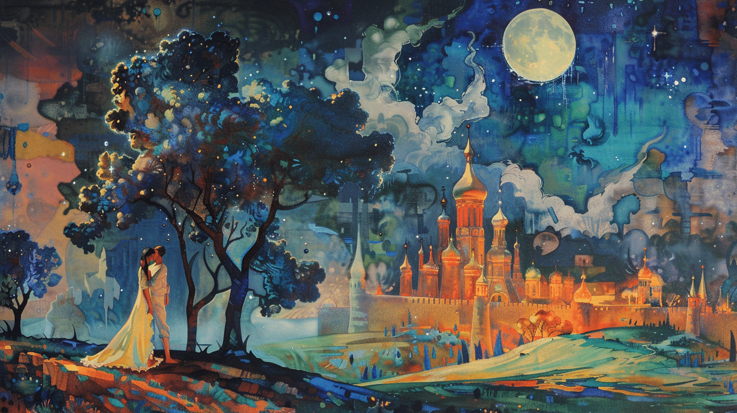 a painting of a castle and a woman standing in front of a moon. Means The Twin Flame Path and Karmic Relationships