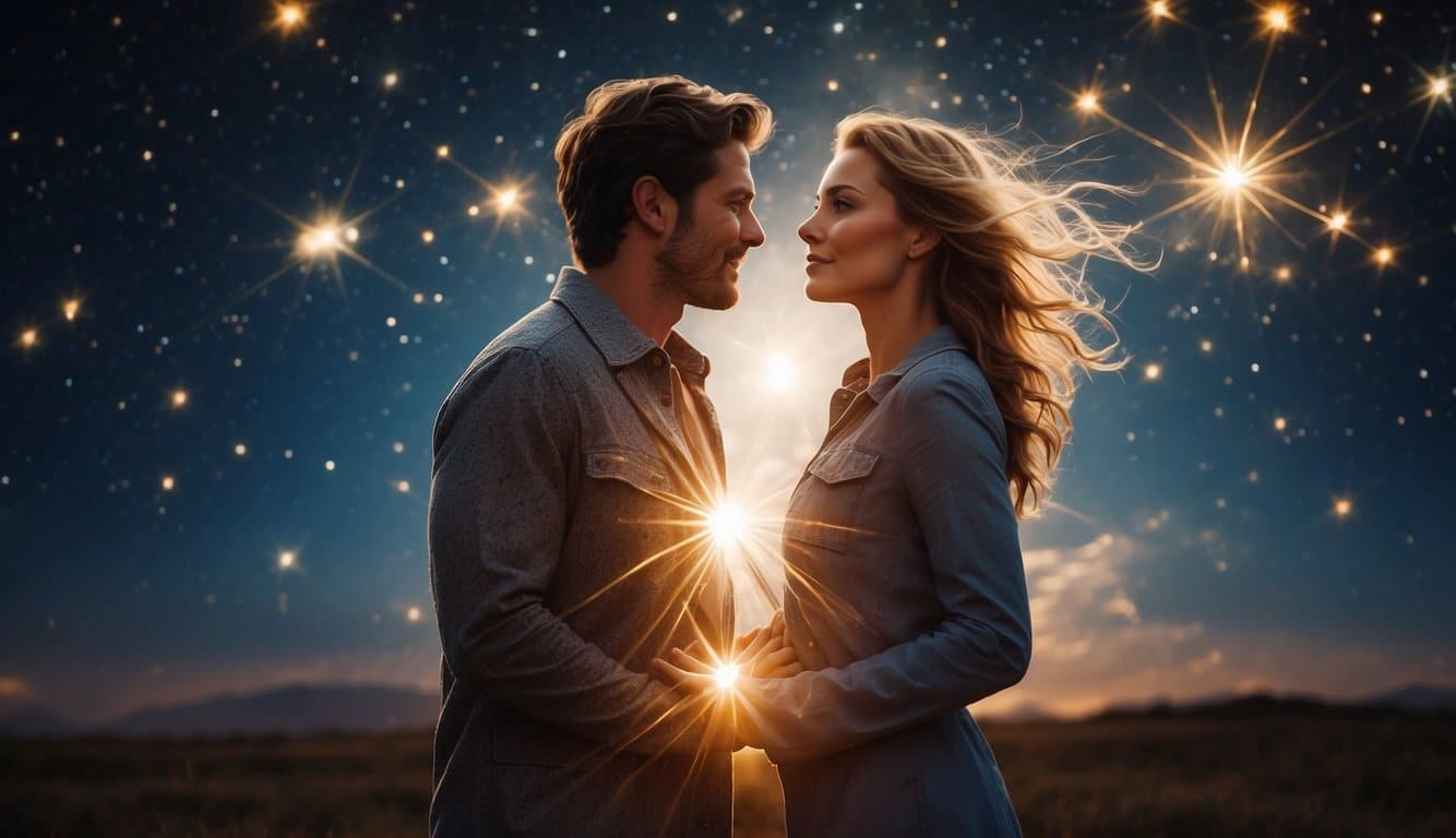 Two bright stars entwined, emitting a powerful energy field connecting them in a cosmic dance of love and unity. Quantum Entanglement and the Twin Flame Connection