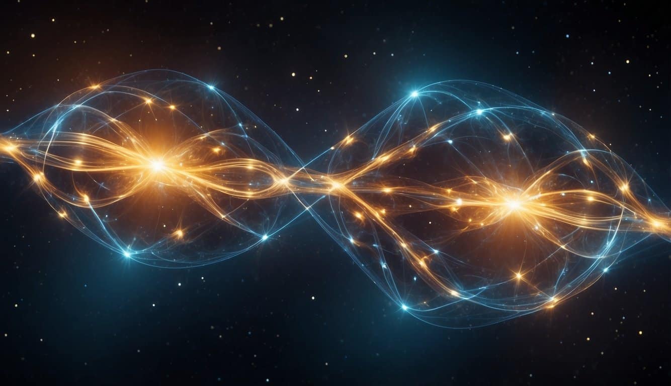 Two particles entangled, mirroring each other's movements across space. A radiant energy field surrounds them, symbolizing the deep connection of twin flames in physical reality