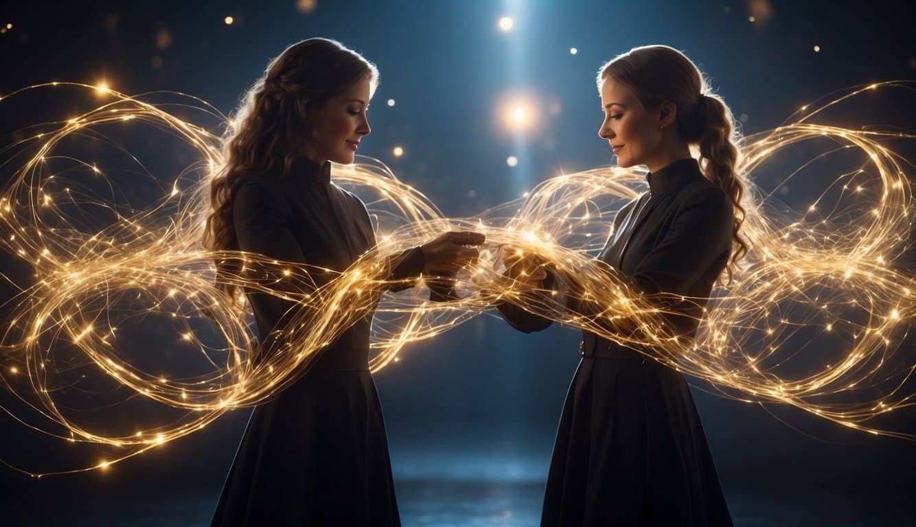 Two entwined particles emit a radiant glow, their energy interwoven in a dance of connection and unity. The ethereal bond between them creates a mesmerizing display of quantum entanglement and twin flame connection