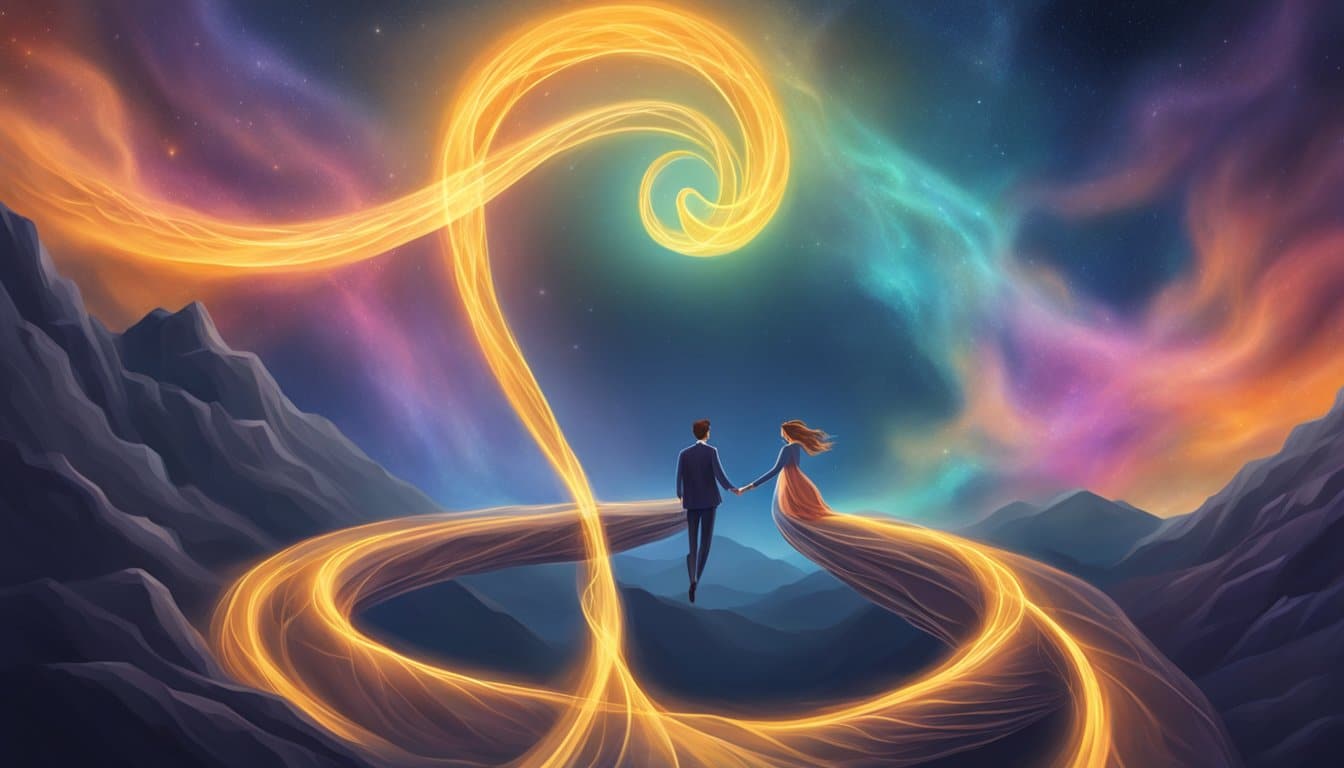 Two intertwined paths, one radiant and the other dimly lit, symbolizing the journey of twin flames and karmic relationships