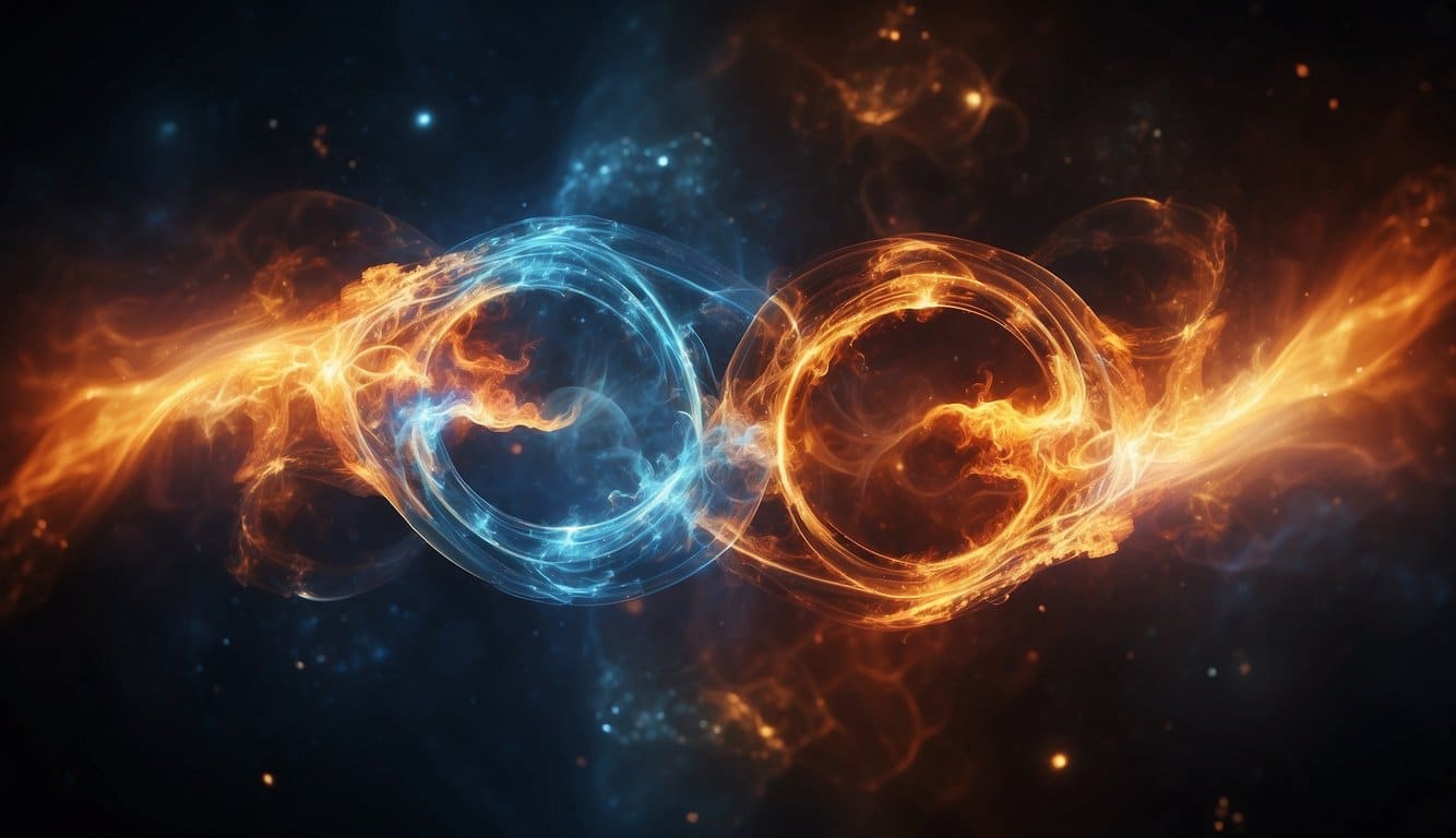 Two flames merge, entwining in a cosmic dance of energy, symbolizing the spiritual connection and quantum entanglement of twin flames